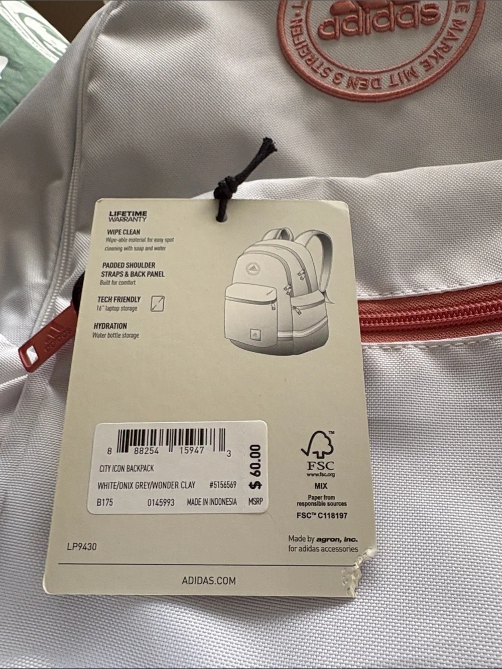 adidas White and Gray Backpack with Pink Zippers